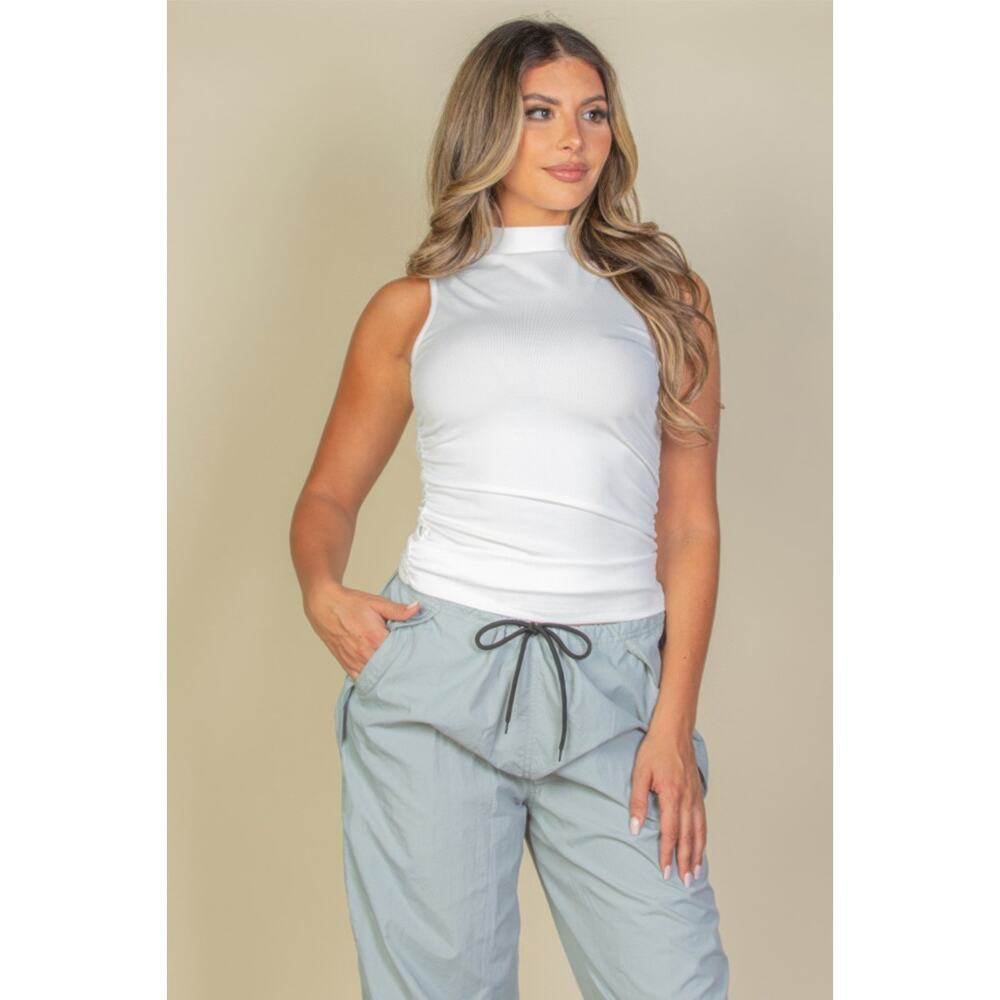 HackleBee | Women's White Ribbed Knit Ruched Side Sleeveless TopSize S, M, L